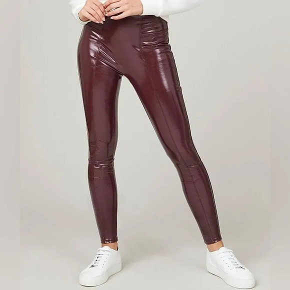 SPANX NWOT Faux Patent Leather Leggings in Ruby - Picture 1 of 12